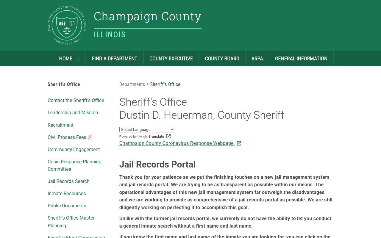 Champaign County inmate search jail records portal landing page