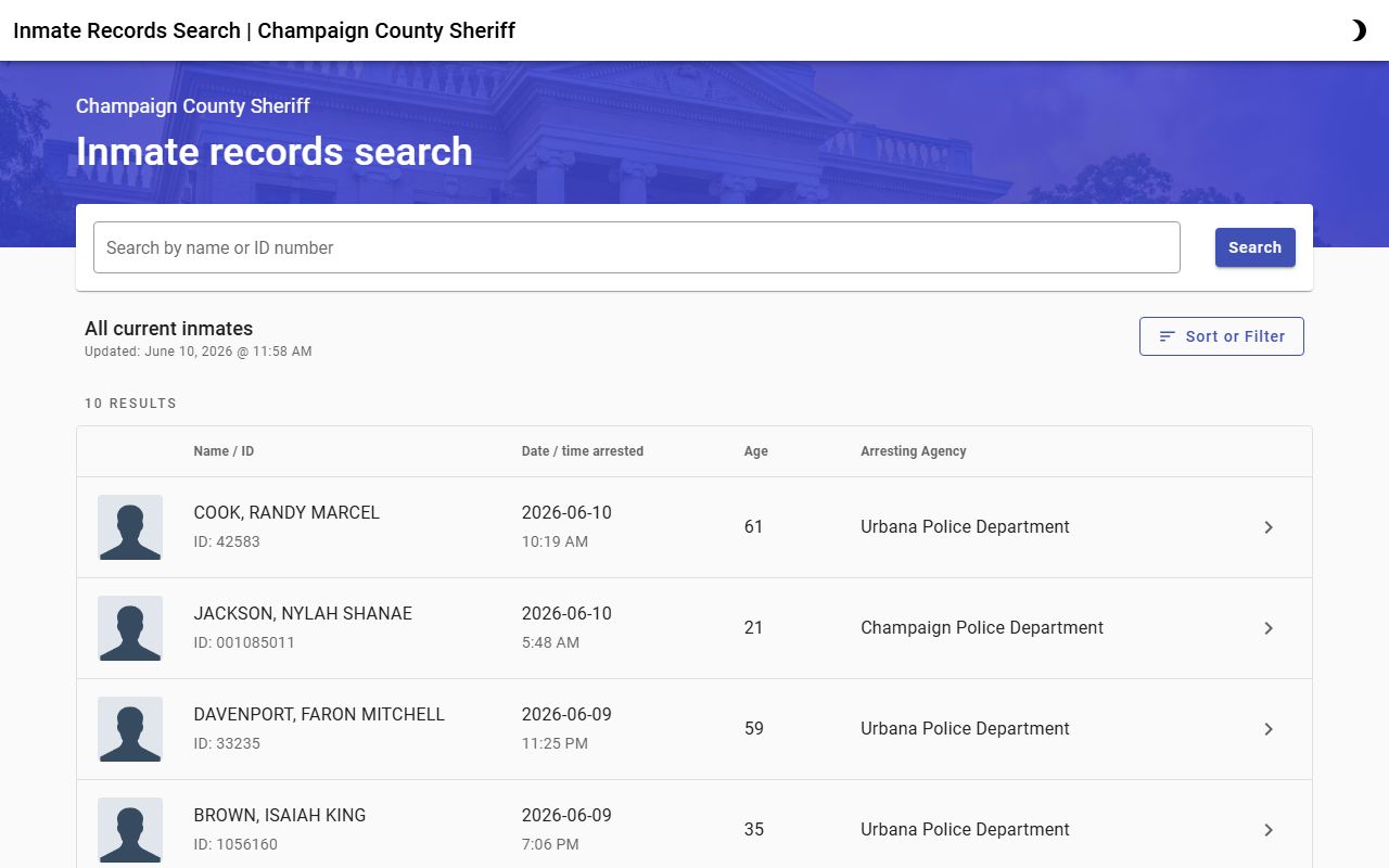 Champaign County inmate records Tyler Corrections roster search fields